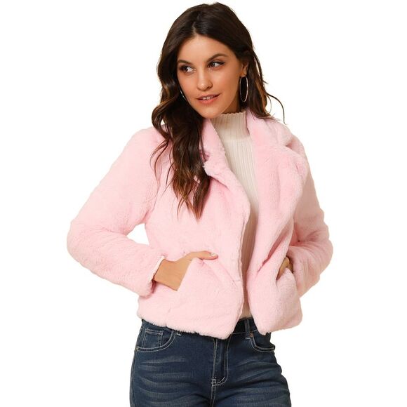 Cropped Jacket Notch Lapel Faux Fur Fluffy Coat Pink - Picture 1 of 6